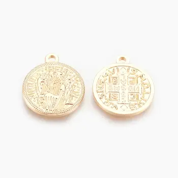 2 buc Saint Benedict Medalie de Alamă Pandantive Rotunde Plate Real Placat cu Aur de 18K 21.5x18x2mm, Gaura: 2mm