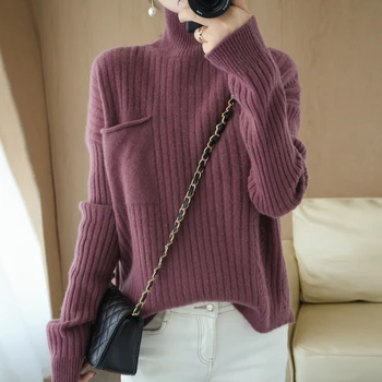 Naturale de lână pulover femei pulovere pulover cu buzunar de iarna pentru femeie sacou cald gros fete casual pulover vrac