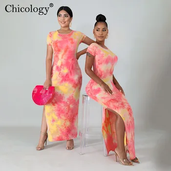 Chicology neon tie dye side split maxi rochie femei de vară 2020 bodycon colorate sexy petrecere tinuta de club haine de moda de sex feminin