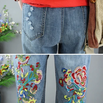 Femeile De Vară Genunchi Lungime Pantaloni Scurți De Blugi, Pantaloni Cu Talie Înaltă Rupt Codrin Blugi Femei Vintage Floare Broderie Pantaloni Denim