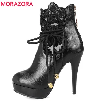 MORAZORA 2020 new sosire toamna cizme de iarna pentru femei rotund toe pantofi platforma cu fermoar dantela de moda glezna cizme, pantofi cu toc inalt
