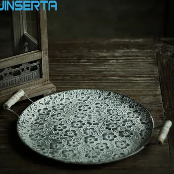 JINSERTA de Mana Rotunde Plate Placă de Metal Retro Desert Tort de Pâine Placă Decorativă de Epocă Tava cu Manere