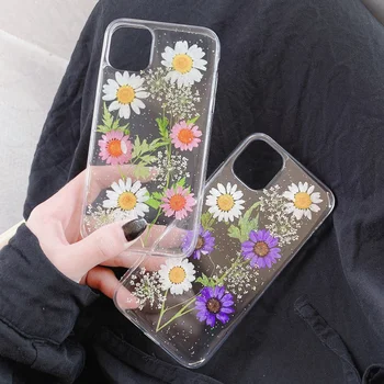 Moda flori reale Transparent moale TPU caz de telefon Pentru iphone 12 Mini 11 Pro XS MAX X XR 6 6S 7 8 Plus Flori Uscate bling