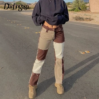 Darlingaga Streetwear Mozaic Ciucure Y2K Femeie Blugi Drepte Casual, de Culoare de Contrast Long Pantaloni din Denim Vintage de Toamna Blugi Slim