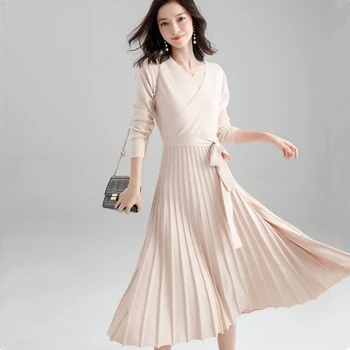 2020 Toamna coreeană de Moda Tricotate Rochie Lunga pentru Femei cu Maneci Lungi V-neck Belted Rochii Plisate Elegant Solid de sex Feminin Vestidos