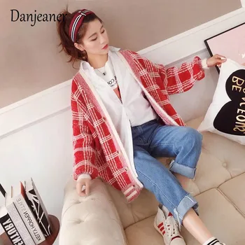 Danjeaner Iarna Cardigan Femei Vânt Leneș Harajuku Carouri Pulover Versiunea coreeană Streetwear Tricotat Haine Jumperi Trage