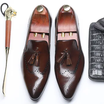 QYFCIOUFU New Sosire Stil Britanic Bărbați Slip-on Pantofi din Piele Barbati Ciucure Mocasini de Moda a Subliniat Toe Mens Pantofi Rochie
