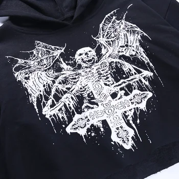 InsDoit Gotic Demon Imprimare Negru Hanorace Harajuku Punk Maneca Lunga, Hanorace Streetwear Grunge Cu Gluga Pentru Femei Pulover De Bază Topuri