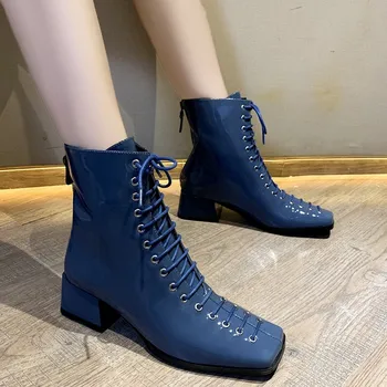 Square Toe Glezna Cizme pentru Femei de Moda albastru de Brevete din piele Dantela-Up Mid Pantofi Stil Britanic Dimensiune 35-40