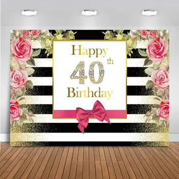 Fericit Ziua de naștere 40 Fundal Trandafir Rosu si Papion Negru cu Dungi Alb Fundal Femei de 40 de ani Banner Petrecere Decor Consumabile