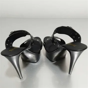 Moda negru de Bloc de Culoare Catarama de Metal 15cm Platforma Ultra High Heels Papuci Pantofi Femei 6 Inch Doamna Papuci cu Toc Înalt
