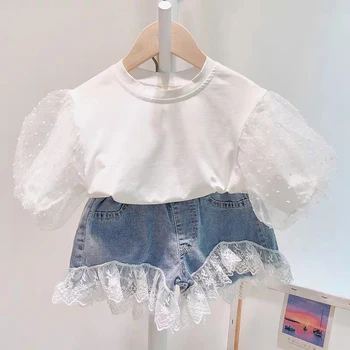 De Vară 2020 Fete Seturi de Îmbrăcăminte Denim Moda Umăr Zbor Maneca Top + Shorts 2 BUC pentru Copii Haine pentru Copii Imbracaminte