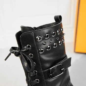 Toc gros, Negru Cizme Femei din Piele de Moda Casual Pantofi pentru Femei 2020 Toamna Iarna Nou Dantela-up Mid-tub Cizme Scurte Femei