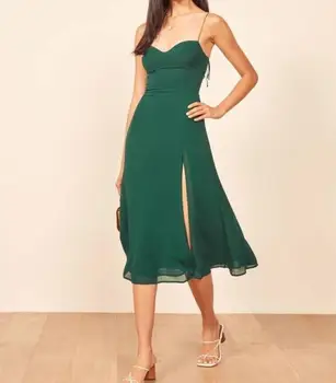 2020 francez Femei Rochie Solid de Culoare Verde Bandaj Cheotoare Curea de Spaghete Mijlocul lunii Vițel Tăiat Rochii de Petrecere de Moda Haine de sex Feminin