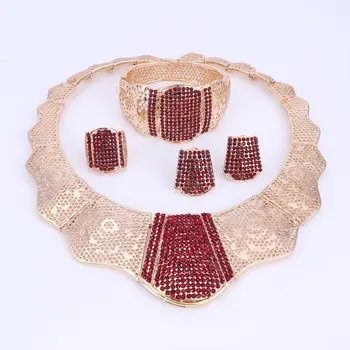 Noua Moda De Culoare De Aur De Nunta Seturi De Bijuterii Cristal Roșu Cravată Colier Cercei Bratara Set Inel Set De Bijuterii De Mireasă