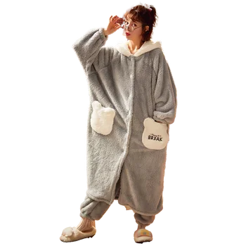 Femei Pijamale Mediu Stil Plus Dimensiune Iarna Set De Pijama Largi Versiune A Păstra Cald Intensificarea Pijamale De Pluș Cămașă De Noapte Cu Gluga