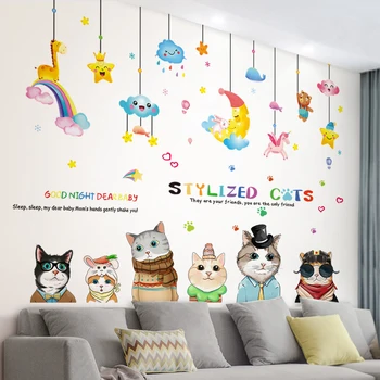 [SHIJUEHEZI] Pisici Animale Autocolant Perete DIY Desene animate Luna Stele Decalcomanii de Perete pentru Camera Copii Dormitor Copil Pepinieră Decor Acasă