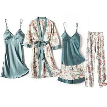 5PCS Somn Set Lenjerie Intima Sexy cămășuță de Noapte&Roba Costum 2021 Noi Femeile Kimono-Halat de baie Rochie de Satin de Imprimare de Flori Sleepwear Homewear