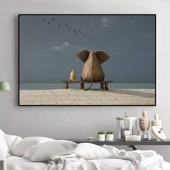 Modern Nordic Elefant Dulce Și Câinele Apus De Soare, Dimineața Devreme, Imprimare Panza De Tablou Poster De Perete Imagine Pentru Camera De Zi Decor Acasă