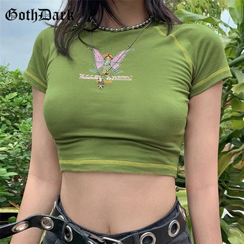 Goth Întuneric E-fată Dulce Harajuku Bodycon Topuri Culturilor Tee Pentru Femei Înger Grafic de Imprimare Casual T-shirt Verde de Vară, O-neck Top