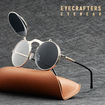EYECRAFTERS Moda Flip Up Lens Steampunk Retro Vintage Stil Rotund ochelari de Soare de Primăvară Picioare Clapetă Dublă Obiectiv Eyewaer