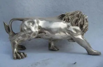 China Folk Rafinat Cupru alb Argintiu Feline animal Feroce leu de sex Masculin Statuie