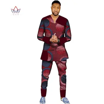 BRW Bărbați din Africa de Îmbrăcăminte Dashiki Africa de Imprimare Topuri de Bumbac Set Mens Lungă Maneca Tricou Brand de Îmbrăcăminte & Trouse 6XL WYN354