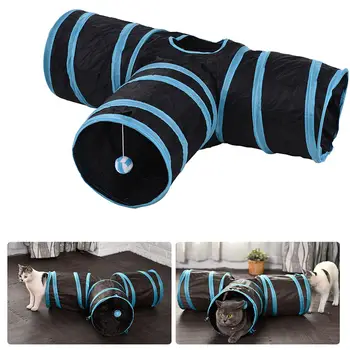 Cat Tunel 3 Mod Pliabil animale de Companie Pisica Joaca Tunel cu Apel Mingea, Spațioase Tub de Distracție pentru Pisica de Cățeluș, Pisoi Albastru + negru