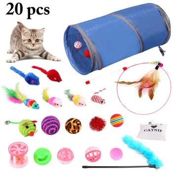 Jucarie pisica 20buc/Set Pet Kit Pliabil Tunel Pisică jucărie Distractiv Bell Pene Soareci Forma Pisoi, Pisică Câine Joc Interactiv Consumabile
