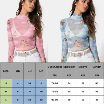De Vânzare la cald 2019 Femei Culturilor de Sus Înger de Imprimare Perspectivă Tricou cu Maneci Lungi Guler Slim Vedea Prin Topuri Sexy T-shirt