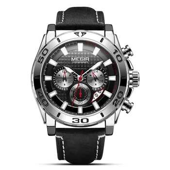 MEGIR Cuarț Data Curea de Piele Sport Reloj Hombre Ceas de Moda pentru Bărbați Ceas Multi-funcție True Trei-ochi