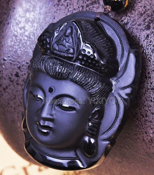 Frumos Chinez Manopera Naturale Obsidian Negru Sculptat Kwan-yin Budismul Norocos Amuleta Pandantiv Colier Margele Bijuterii Fine