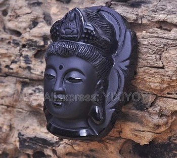 Frumos Chinez Manopera Naturale Obsidian Negru Sculptat Kwan-yin Budismul Norocos Amuleta Pandantiv Colier Margele Bijuterii Fine