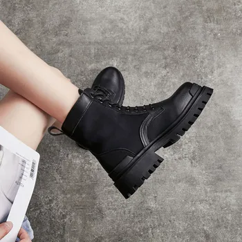 2020 Moda de Iarnă Cizme pentru Femei Dantelă Până la Mijlocul lunii Vițel Cap Rotund pentru femei Cizme pentru Femei Pătrat Negru-Toc Mid-Toc Pu Pantofi Femei Botas Mujer