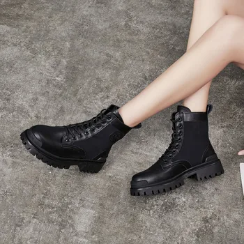 2020 Moda de Iarnă Cizme pentru Femei Dantelă Până la Mijlocul lunii Vițel Cap Rotund pentru femei Cizme pentru Femei Pătrat Negru-Toc Mid-Toc Pu Pantofi Femei Botas Mujer