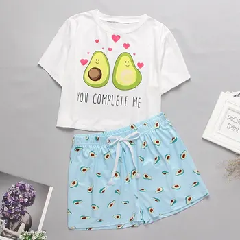 Femei Vara Avocado Desene animate Pijama Set Print cu Maneci Scurte T shirt și pantaloni Scurți Set de Dormit 2020 Femeie Casual Homewear Set