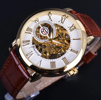 Forsining 3d Logo Design Gol Gravura Auriu Alb Cadran Ceas de Aur pentru Bărbați Brand de Lux Bărbați Ceas de mână cuarț Ceas