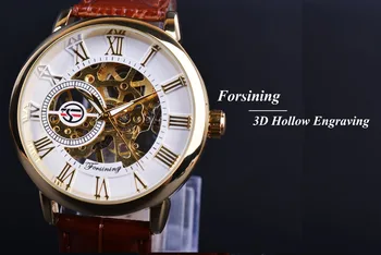 Forsining 3d Logo Design Gol Gravura Auriu Alb Cadran Ceas de Aur pentru Bărbați Brand de Lux Bărbați Ceas de mână cuarț Ceas