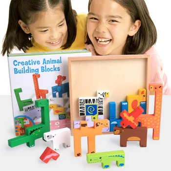 Copilul Creativ din Lemn de Desene animate de Animale Construirea Puzzle Recunoașterea Culorilor Stiva de Copii Devreme Distractiv de Învățământ Jucarii Cadou pentru Copii
