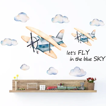 Desene animate Avion Clounds Autocolante de Perete Acuarelă Trase de Mână Decalcomanii de Perete pentru Copii Boy Camera de Camera de Joaca pentru Copii Plecați de Acasă Decoartion