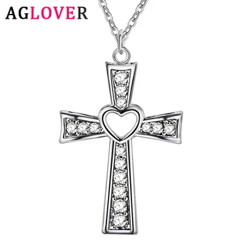 AGLOVER Argint 925 Inima Cruce Zircon 30MM Pandantiv Colier Pentru Femei de Moda de Nunta Colier Bijuterii Cadou