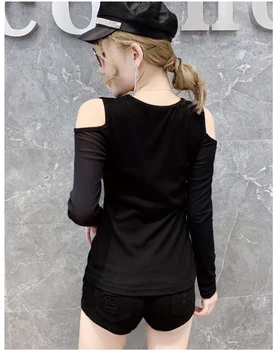 Toamna anului 2019 Negru T-shirt Femei Off -- umăr V-gât cu Fermoar ochiurilor de Plasă Maneca Mozaic Subțire Elastic de Bumbac Topuri cu Maneci Lungi T98693