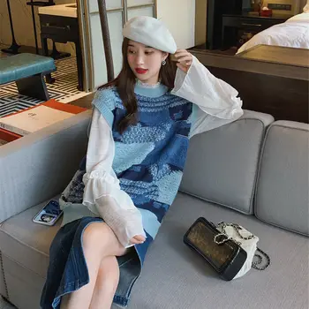 Harajuku 2020 Vestă Coreean Pulovere Tricotate Anglia Stil De Epocă Fără Mâneci Supradimensionate Coreean Topuri Tricotate Pulovere
