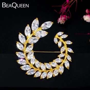 BeaQueen Genial CZ Cristal Ramură de Măslin Broșe pentru Femei Zirconiu Cubic Frunze Coroană de flori Pin Rochie de Bijuterii Accesorii BH008