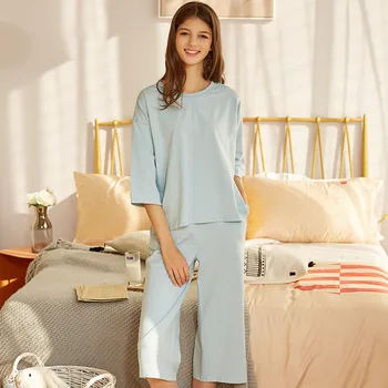 Femeii Sleepwear bumbac Pijama Seturi de femeie, O-Neck maneca jumătate + Trunchiate pantaloni de Pijama femme simplu vrac Top și pantaloni Scurți de pijama