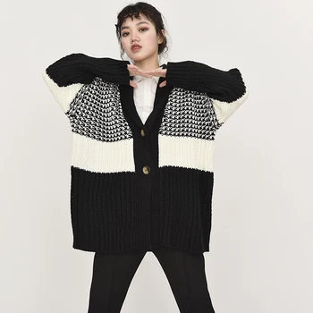 [MEM] Carouri Negru Dimensiuni Mari Tricotat Cardigan Pulover Vrac Fit V-Neck Maneca Lunga Femei Noua Moda Toamna Iarna 2021 1Y18001
