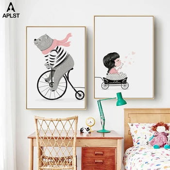 Ursul desene animate Bicicleta Panza Printuri Dragoste Transportul Pictura Fată Grădiniță Copilul Poster de Arta de Perete Moderne Imagine Decor Acasă