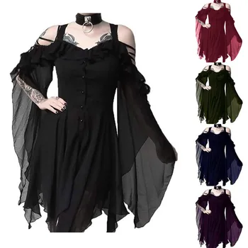 Vara Liber Casual pentru Femei de Moda Întuneric În Dragoste Zburli Mâneci de Pe Umăr Gotic Midi Rochie Curea Negru Vin OY41*