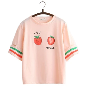 Femeile Capsuni T-Shirt Fetele Harajuku T Camasa Femei Maneca Scurta, O-Neck Bumbac T-shirt cu Dungi de Desene animate de Imprimare Topuri Tee