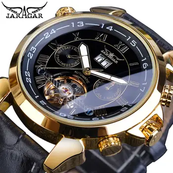 Jaragar Brand Reloj Bărbați Mechanical Ceas Tourbillon De Aur Data Negru Din Piele De Curea De Sex Masculin Automată Ceasuri Cadou De Crăciun